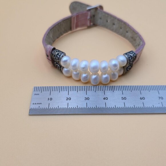 8 Inch Sterling Silver And Leather Genuine Pearls Bracelet B608 - Picture 5 of 6